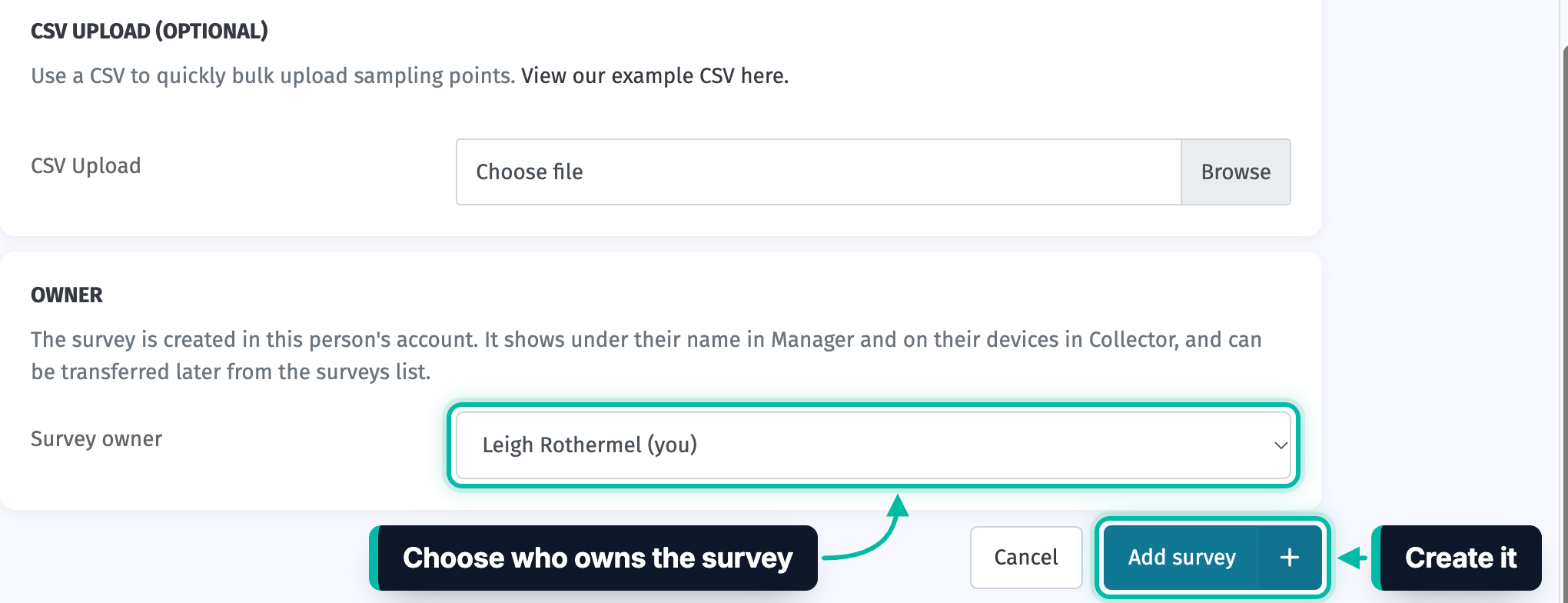 The bottom of the new survey form in Ecobot Manager, with the Survey owner list and the Add survey button highlighted