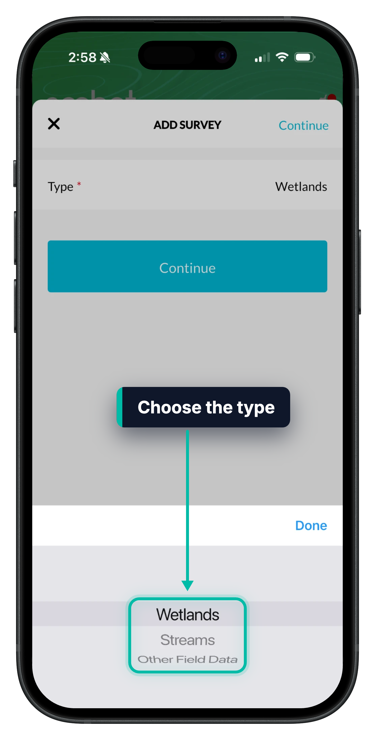 The Add Survey screen in Ecobot Collector, with the type list (Wetlands, Streams, Other Field Data) highlighted