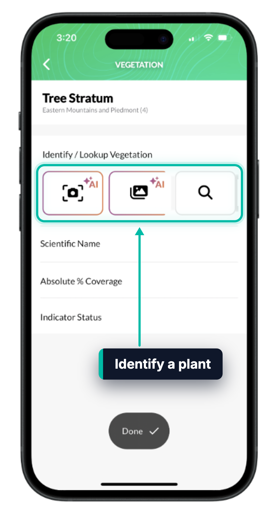 A species in Ecobot Collector, with the camera, gallery and search buttons under Identify / Lookup Vegetation highlighted