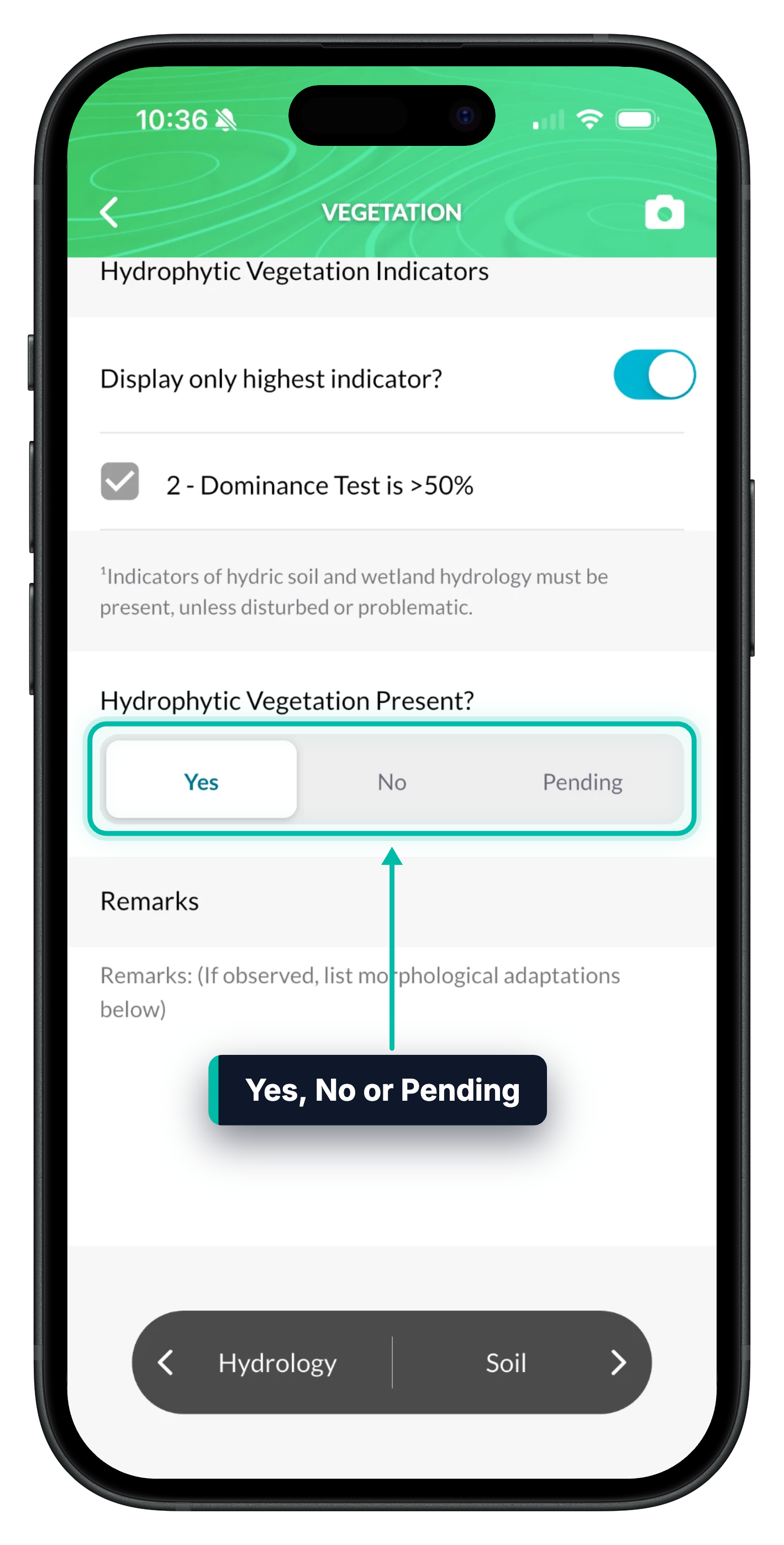 The bottom of the Vegetation screen in Ecobot Collector, with Hydrophytic Vegetation Present? set to Yes, No or Pending highlighted