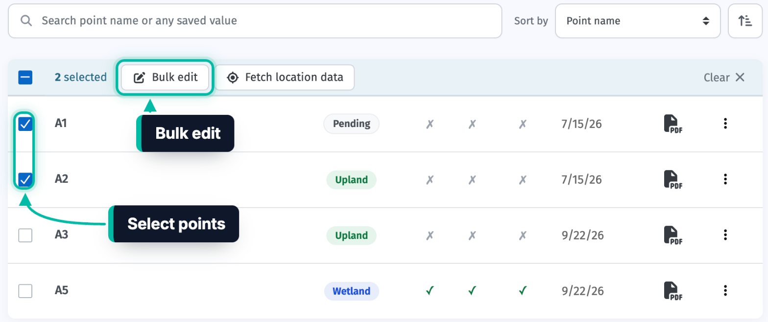 The Points tab of a survey in Ecobot Manager, with two points selected and the Bulk edit button highlighted