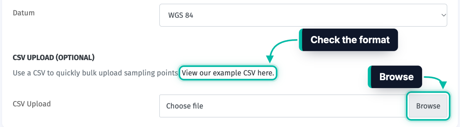 The CSV Upload section of the new survey form in Ecobot Manager, with the example CSV link and the Browse button highlighted