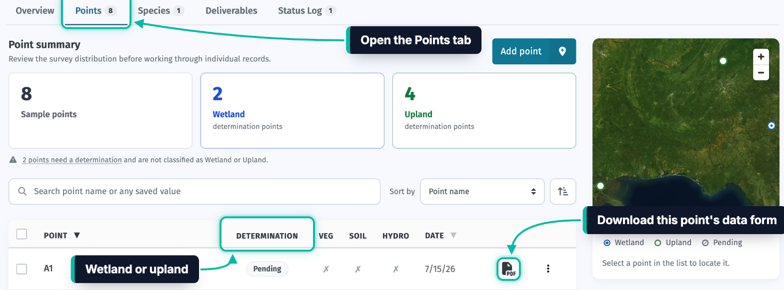 A survey's Points tab in Ecobot Manager, with the Points tab, the Determination column and a point's PDF icon highlighted