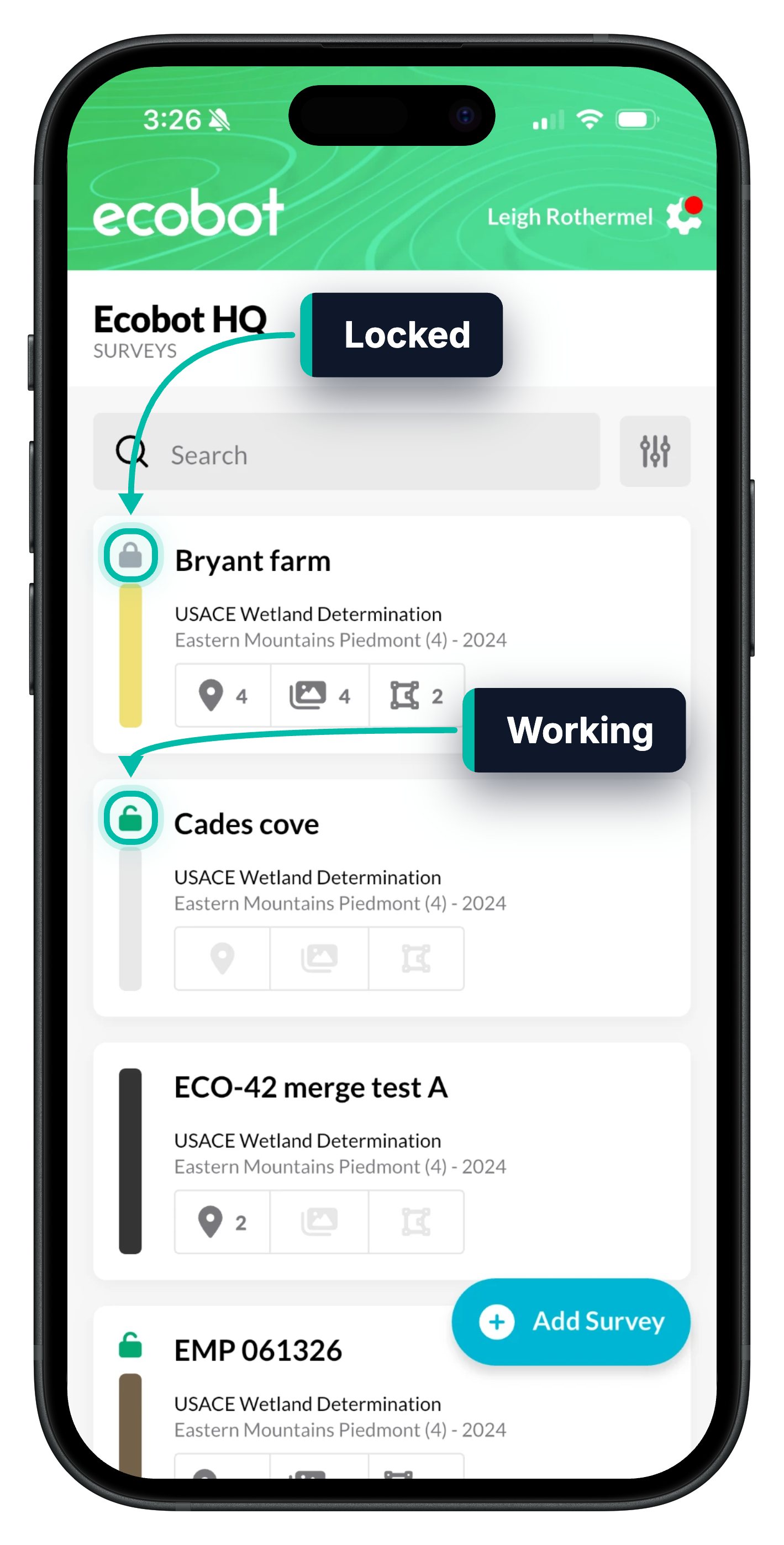 The survey list in Ecobot Collector, with a Locked survey and a Working survey highlighted