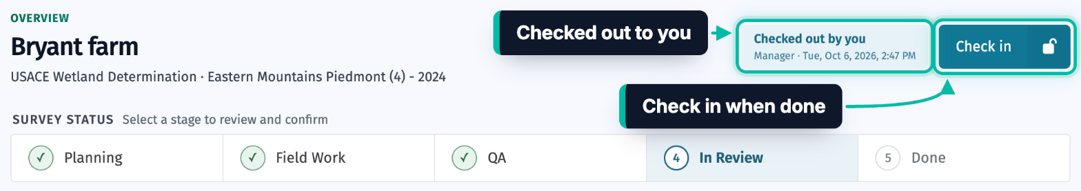 The top of a survey in Ecobot Manager, with the Checked out by you badge and the Check in button highlighted