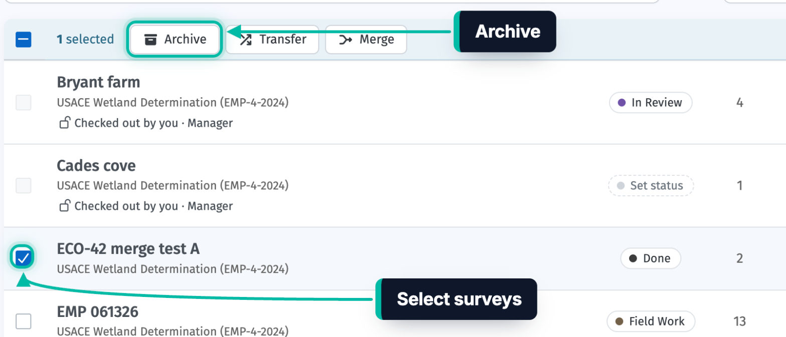 The Surveys page in Ecobot Manager with a survey selected, and the Archive button highlighted