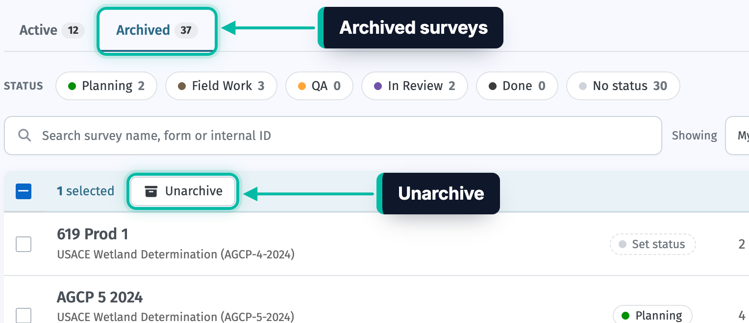 The Archived tab on the Surveys page in Ecobot Manager, with the Archived tab and the Unarchive button highlighted