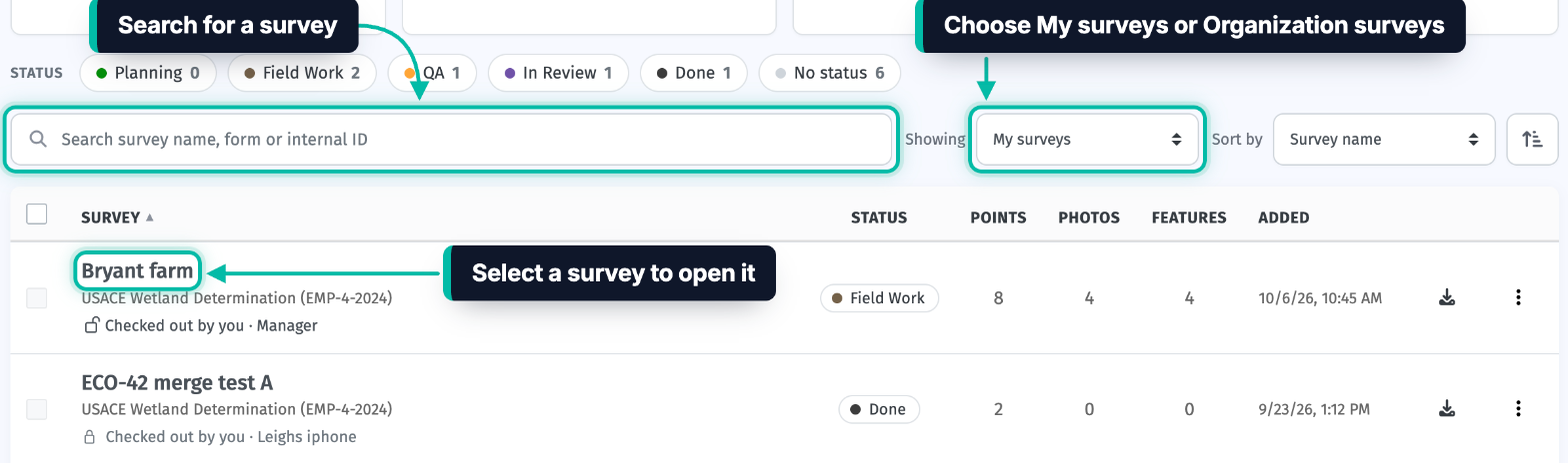 The Surveys page in Ecobot Manager, with the search box, the Showing filter and a survey name highlighted