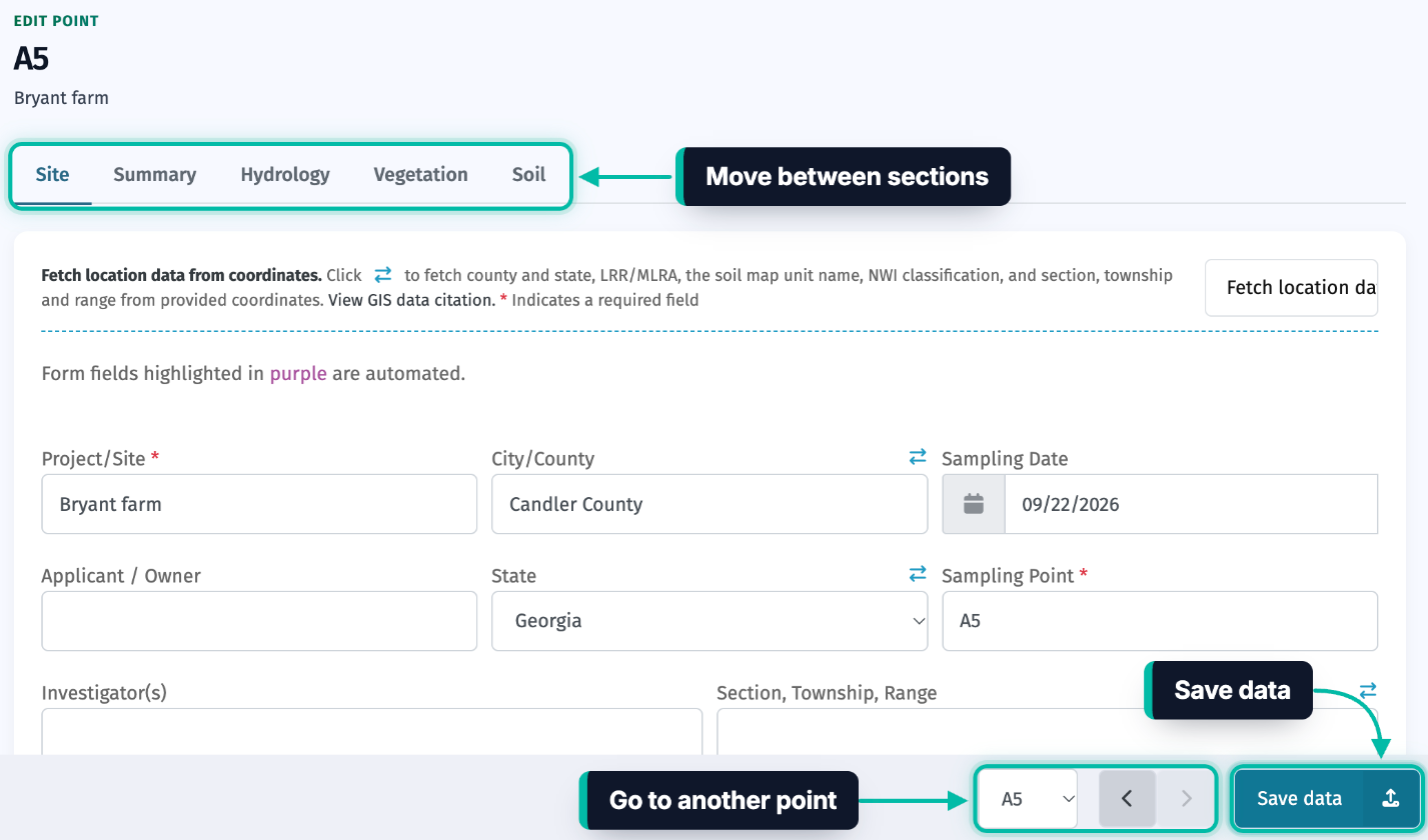 A point's edit form in Ecobot Manager, with the section tabs, the point menu and previous and next buttons, and the Save data button highlighted