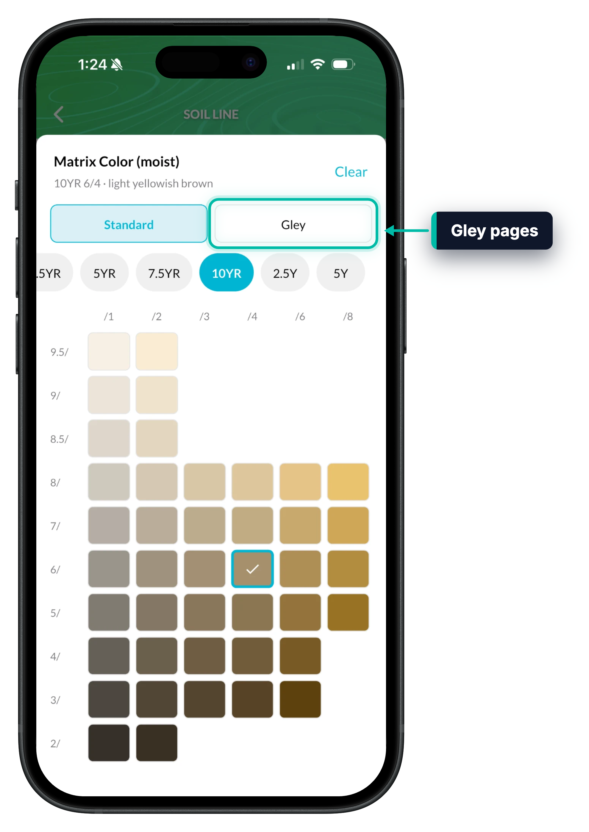 The soil color chart in Ecobot Collector, with 10YR 6/4 chosen and the Gley button highlighted
