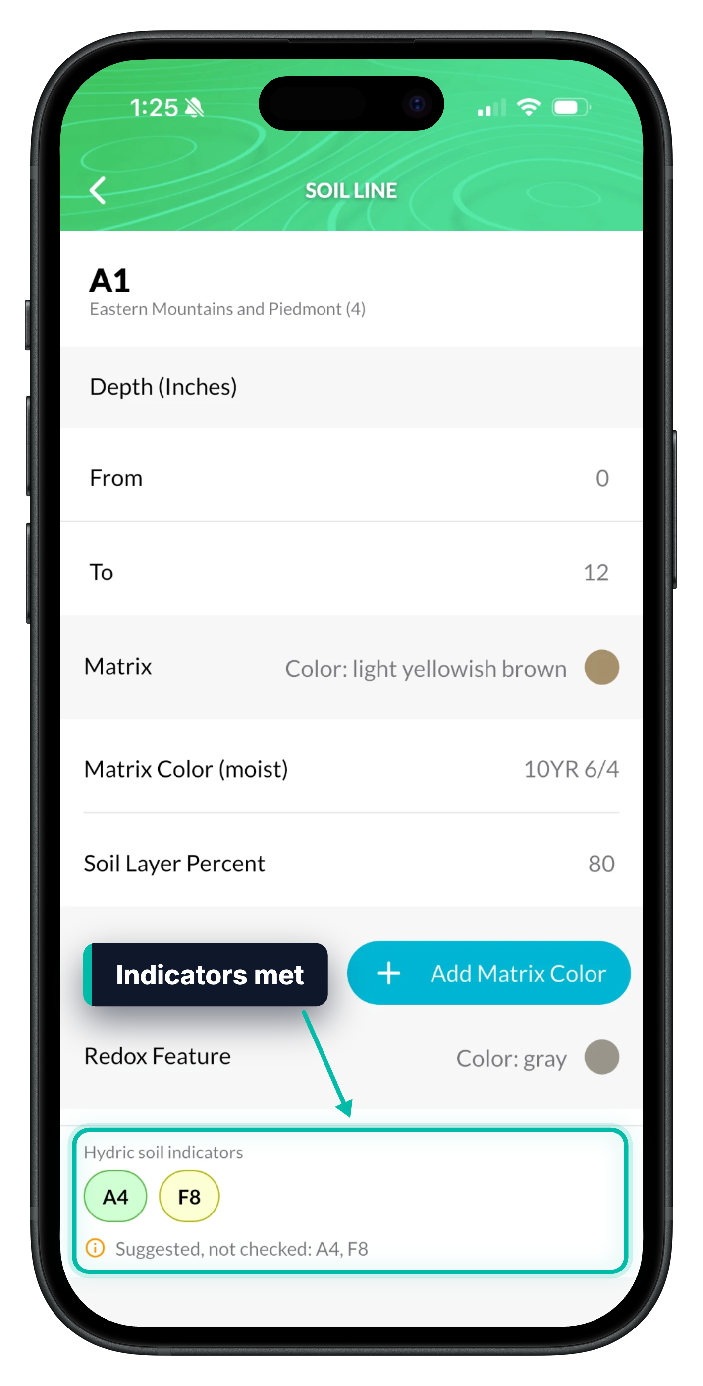 A soil line in Ecobot Collector, with the suggested hydric soil indicators A4 and F8 highlighted at the bottom