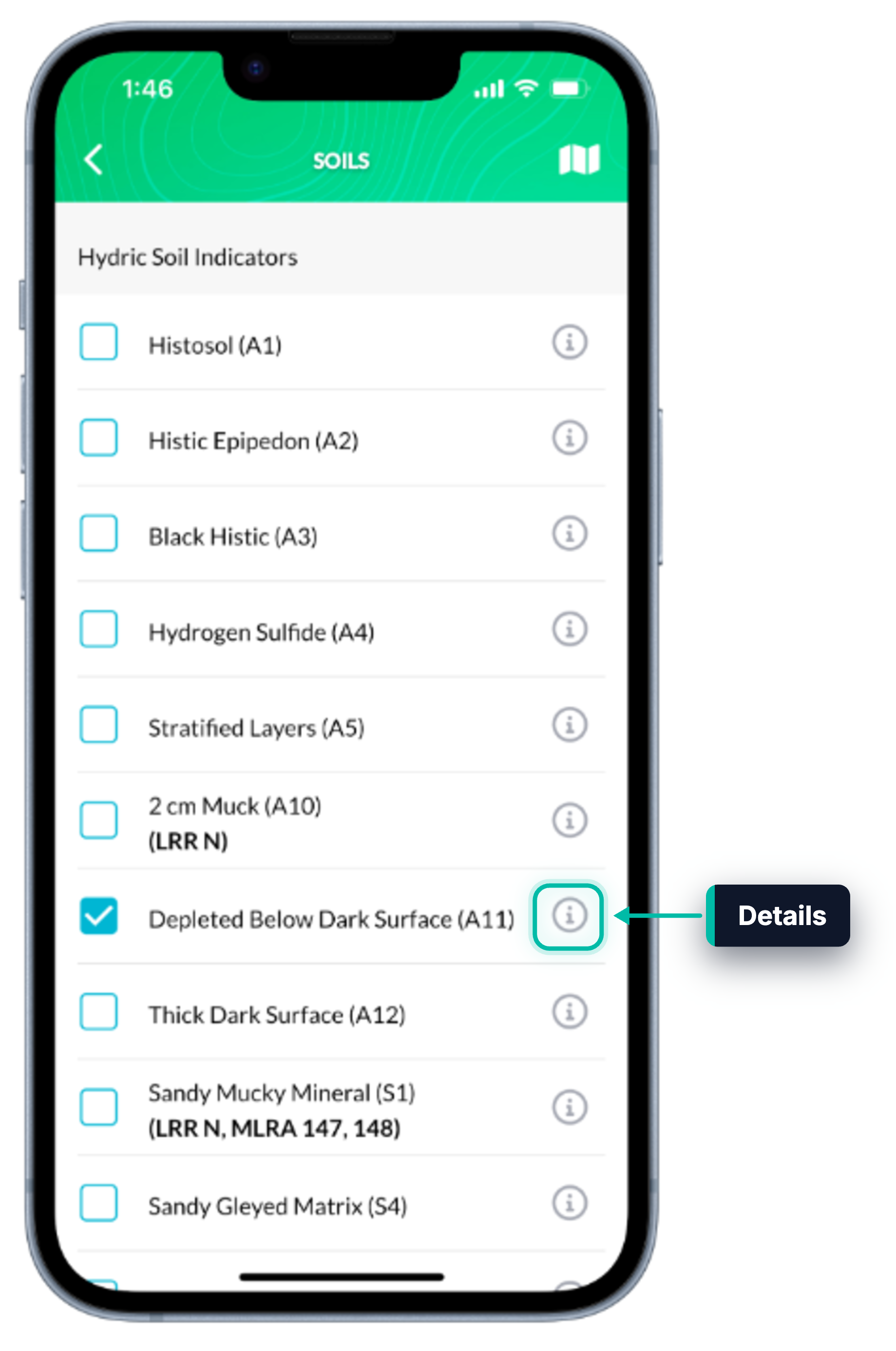 Hydric soil indicators in Ecobot Collector, with the details icon for Depleted Below Dark Surface (A11) highlighted