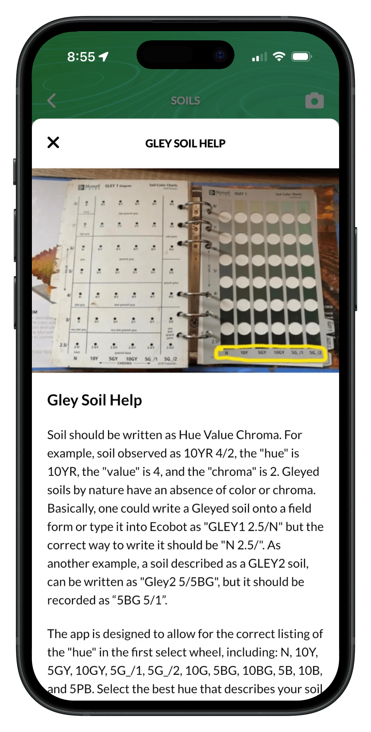 The Gley Soil Help screen in Ecobot Collector