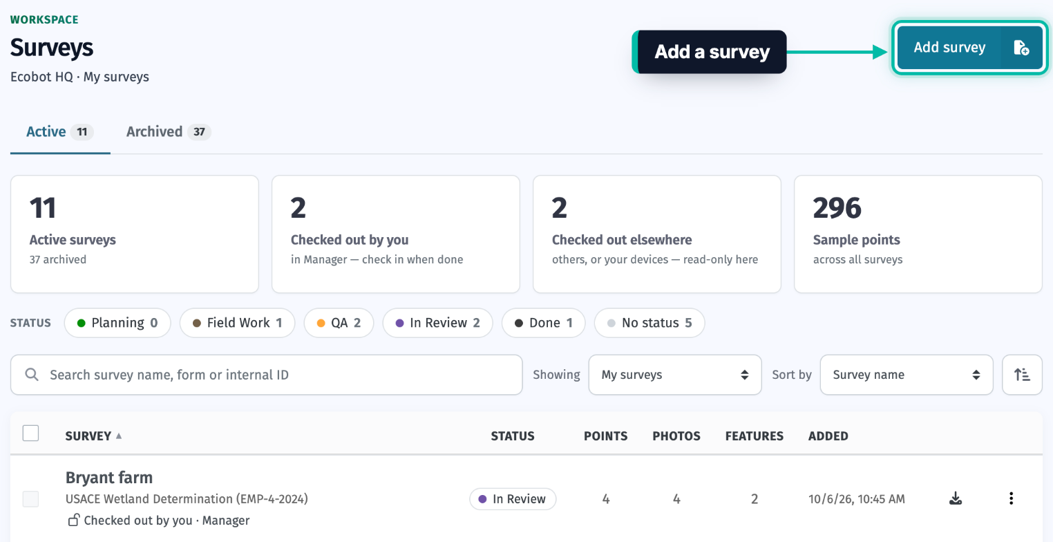 The Surveys page in Ecobot Manager, with the Add survey button highlighted