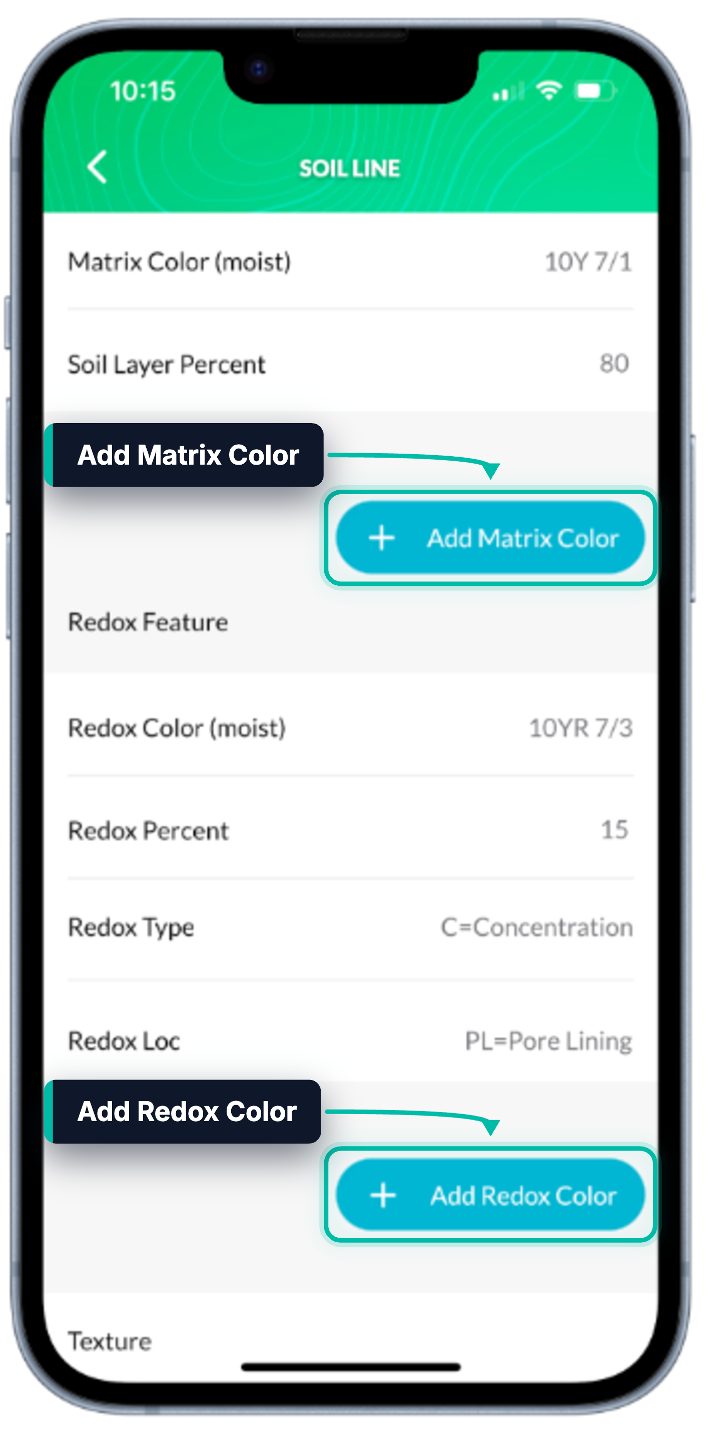 A soil line in Ecobot Collector, with the Add Matrix Color and Add Redox Color buttons highlighted