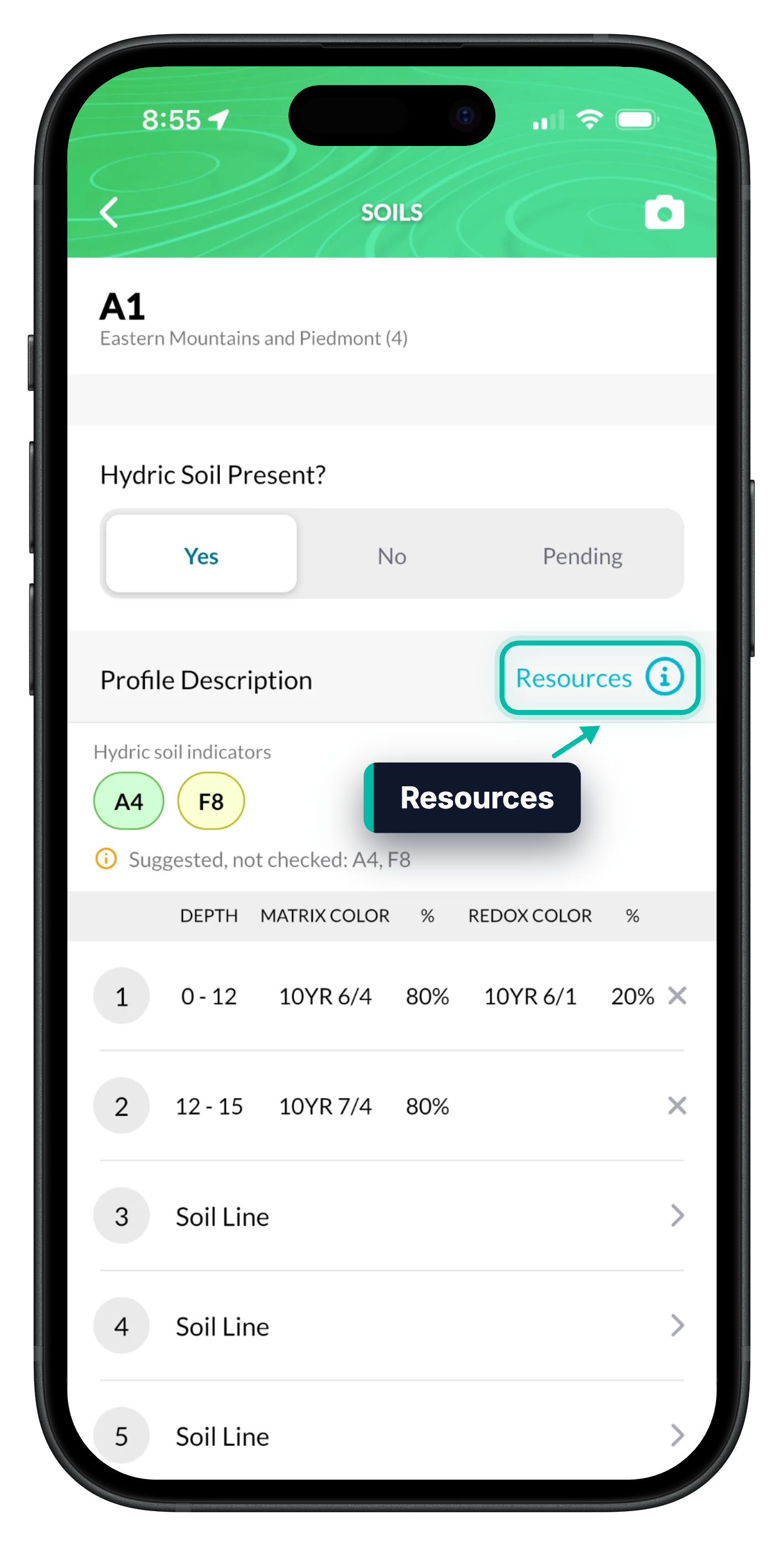 The Soils screen in Ecobot Collector, with Hydric Soil Present? set to Yes and Resources next to Profile Description highlighted
