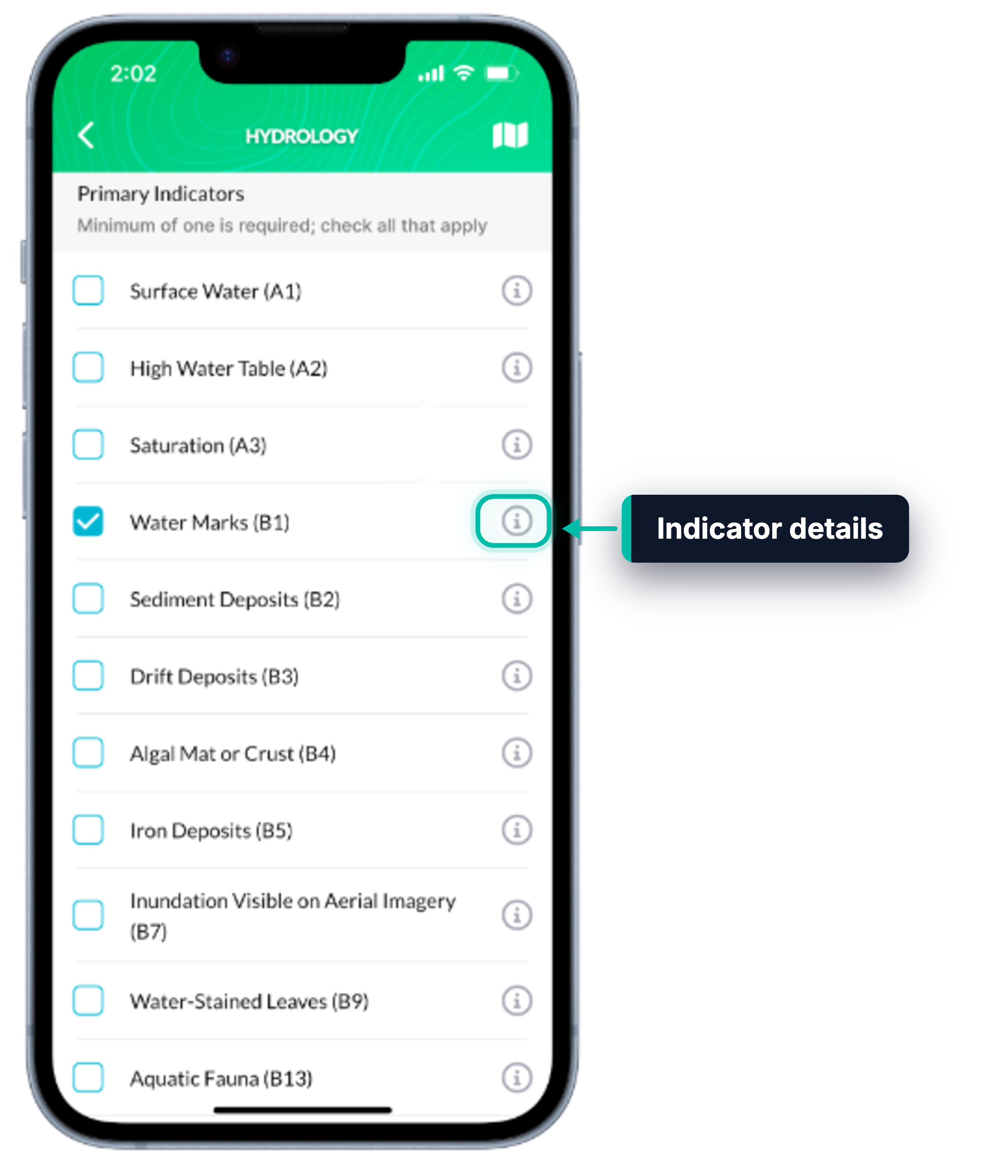 Primary hydrology indicators in Ecobot Collector, with the details icon for Water Marks (B1) highlighted