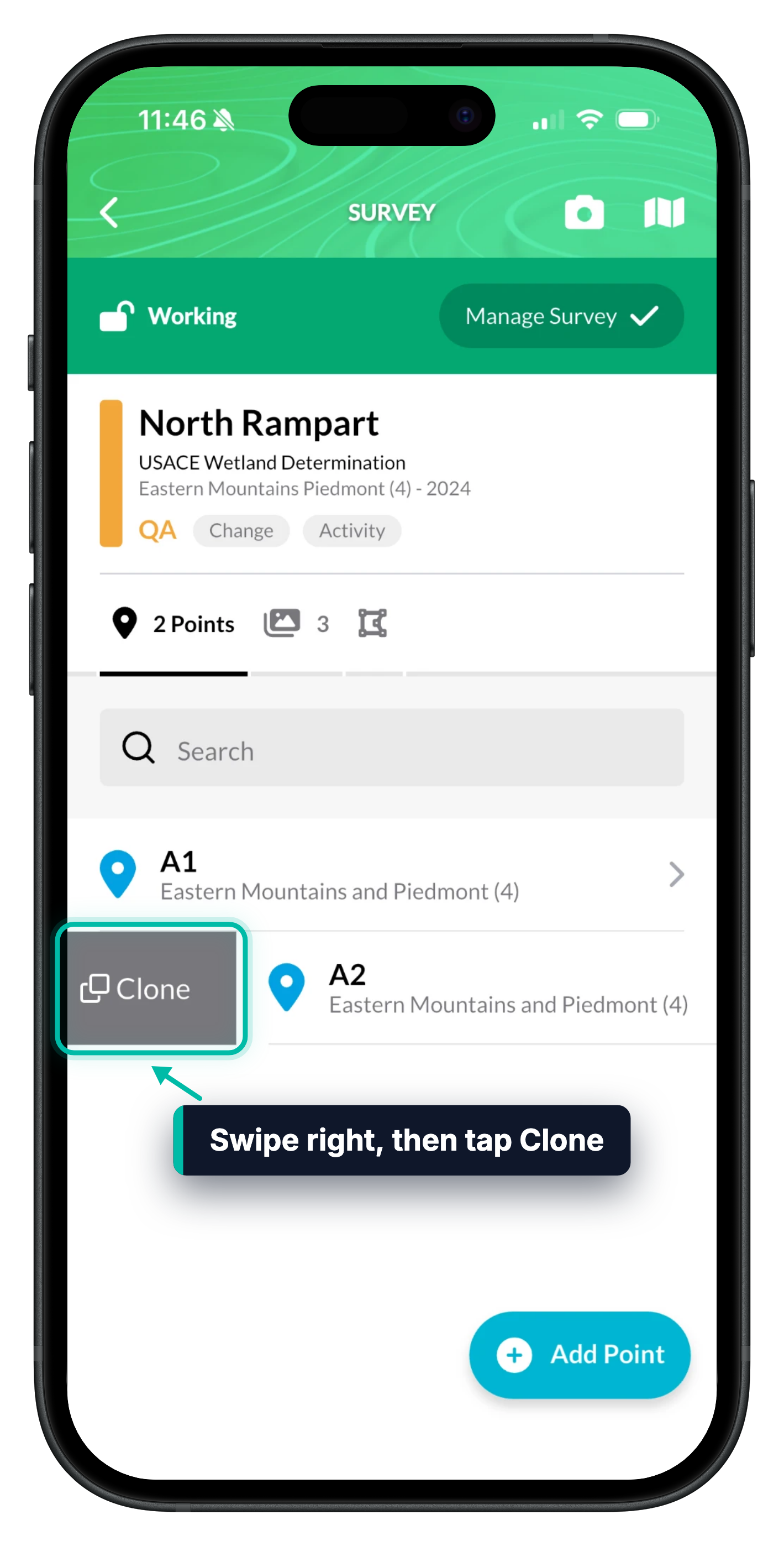 A survey's point list in Ecobot Collector, with a point swiped right and the Clone button highlighted