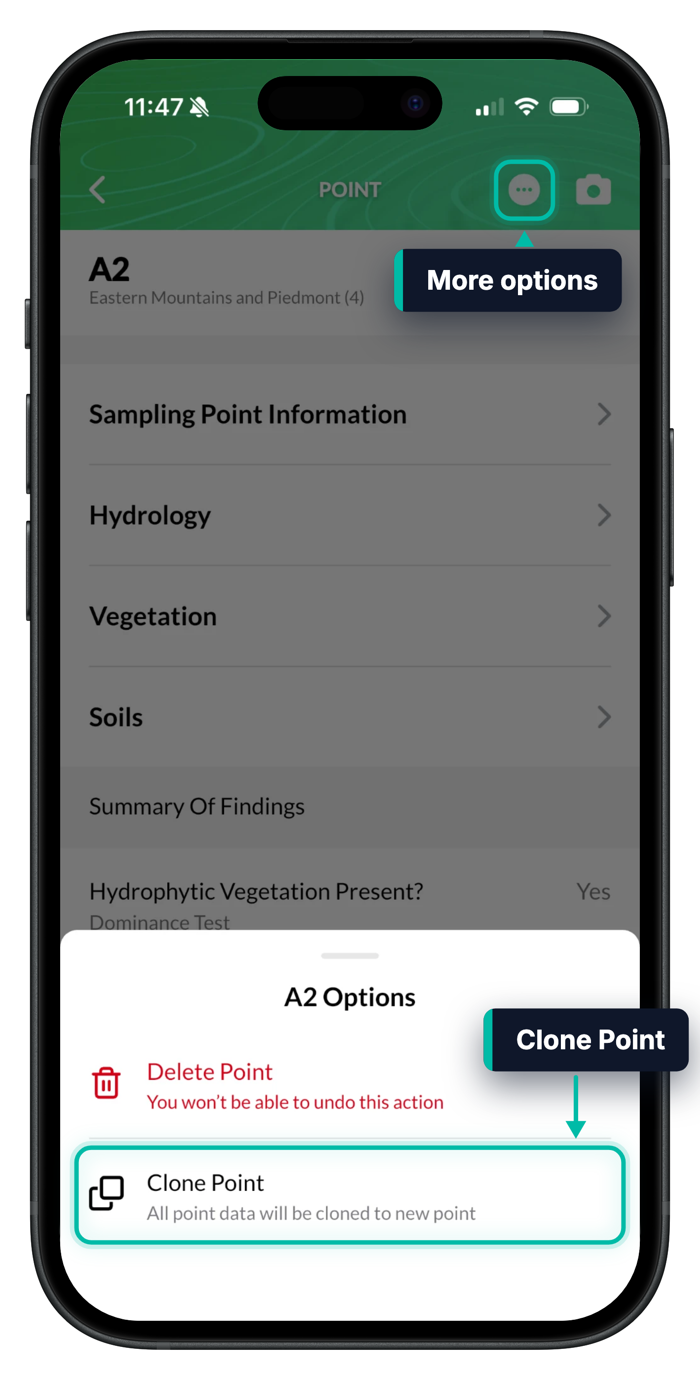 A point in Ecobot Collector, with the More options button and Clone Point highlighted