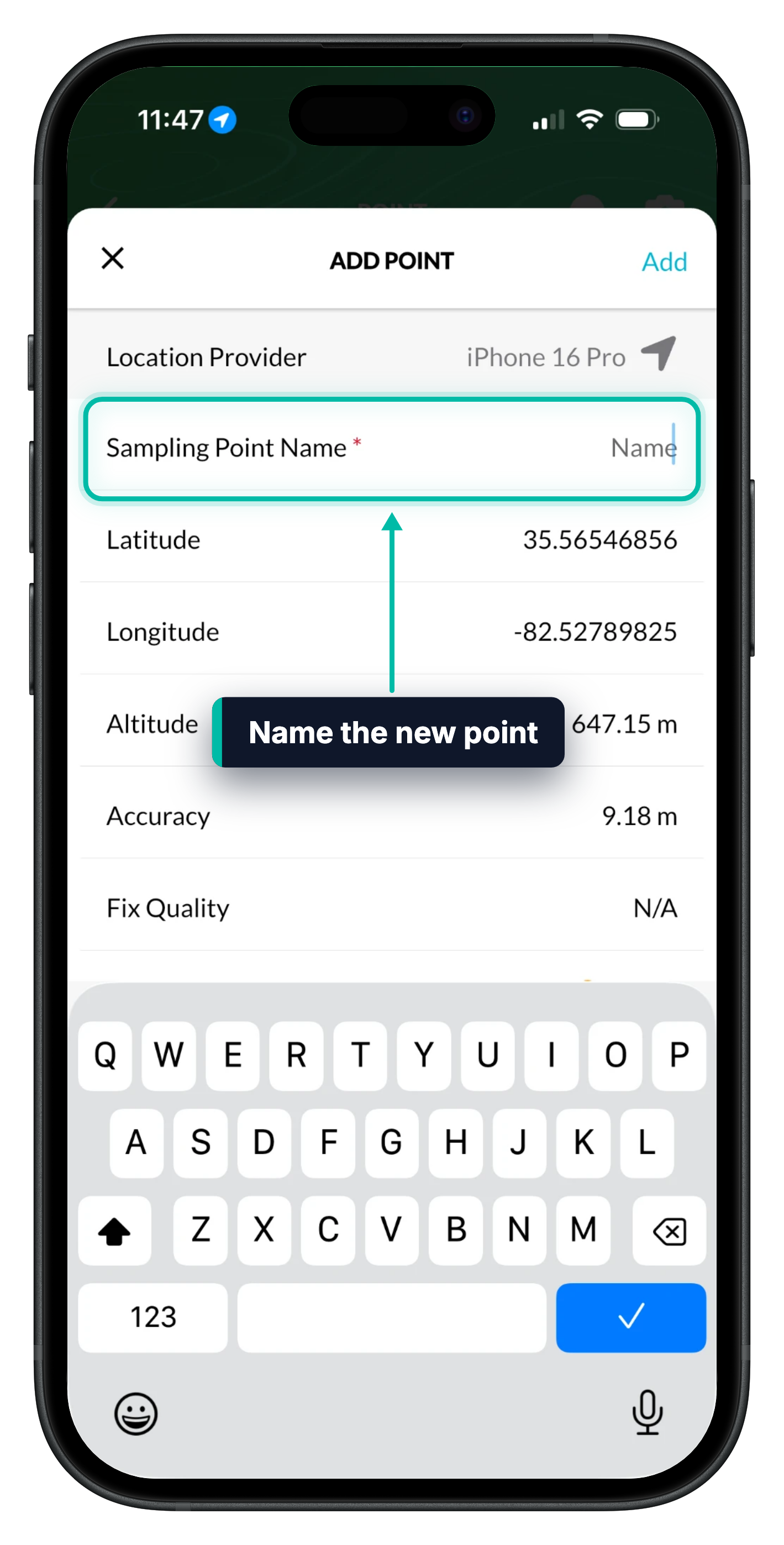 The Add Point screen in Ecobot Collector, with the Sampling Point Name field highlighted
