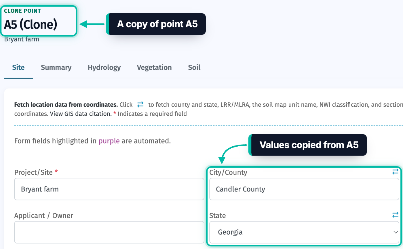 The Clone point form in Ecobot Manager, with the copy's name, A5 (Clone), and values copied from point A5 highlighted