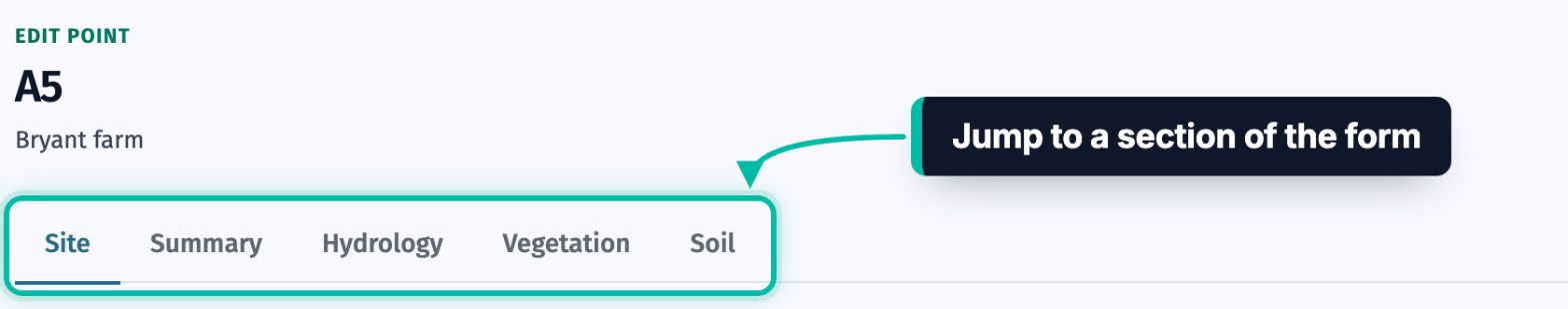 A point's form in Ecobot Manager, with the Site, Summary, Hydrology, Vegetation and Soil sections highlighted