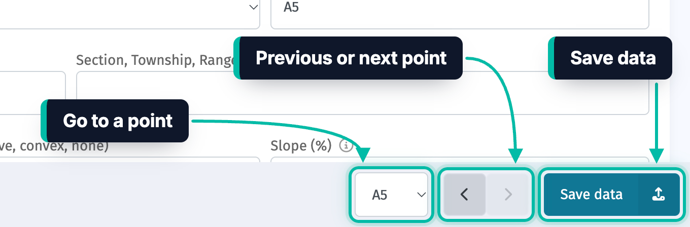 The bar at the bottom of a point's form in Ecobot Manager, with the point list, the previous and next arrows and the Save data button highlighted