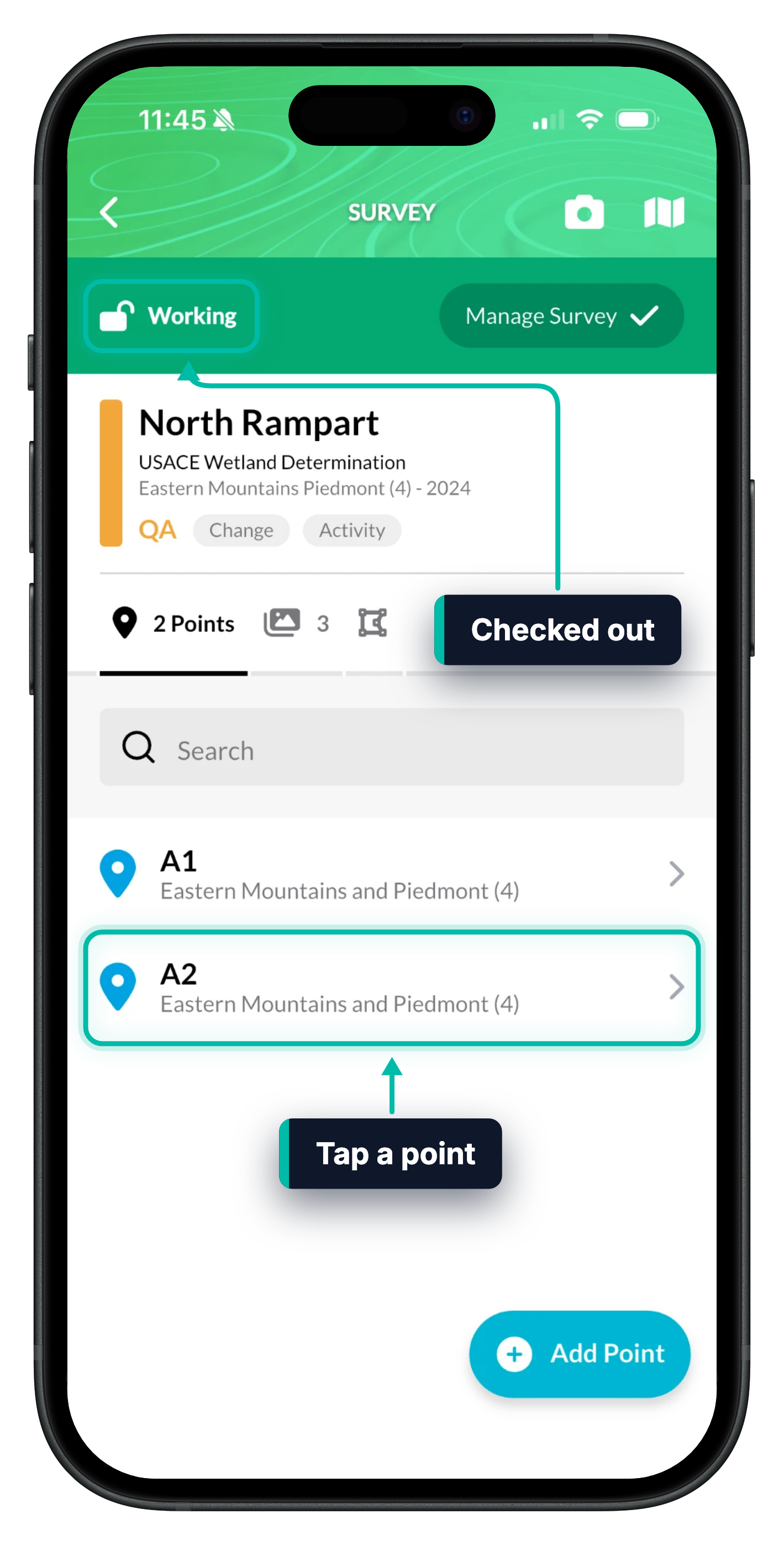 A survey in Ecobot Collector, with the Working status and a point in the list highlighted