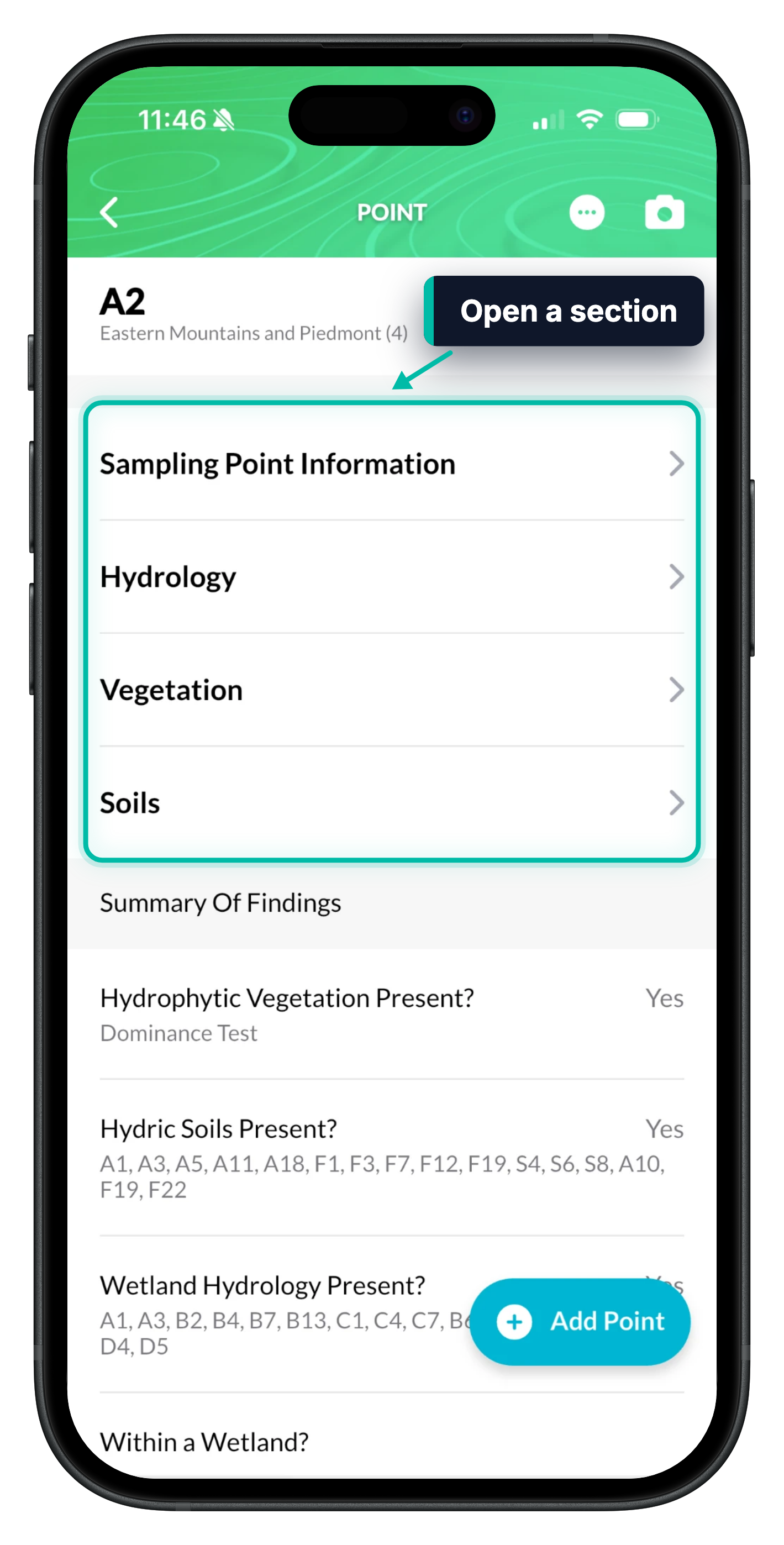 A point in Ecobot Collector, with the Sampling Point Information, Hydrology, Vegetation and Soils sections highlighted