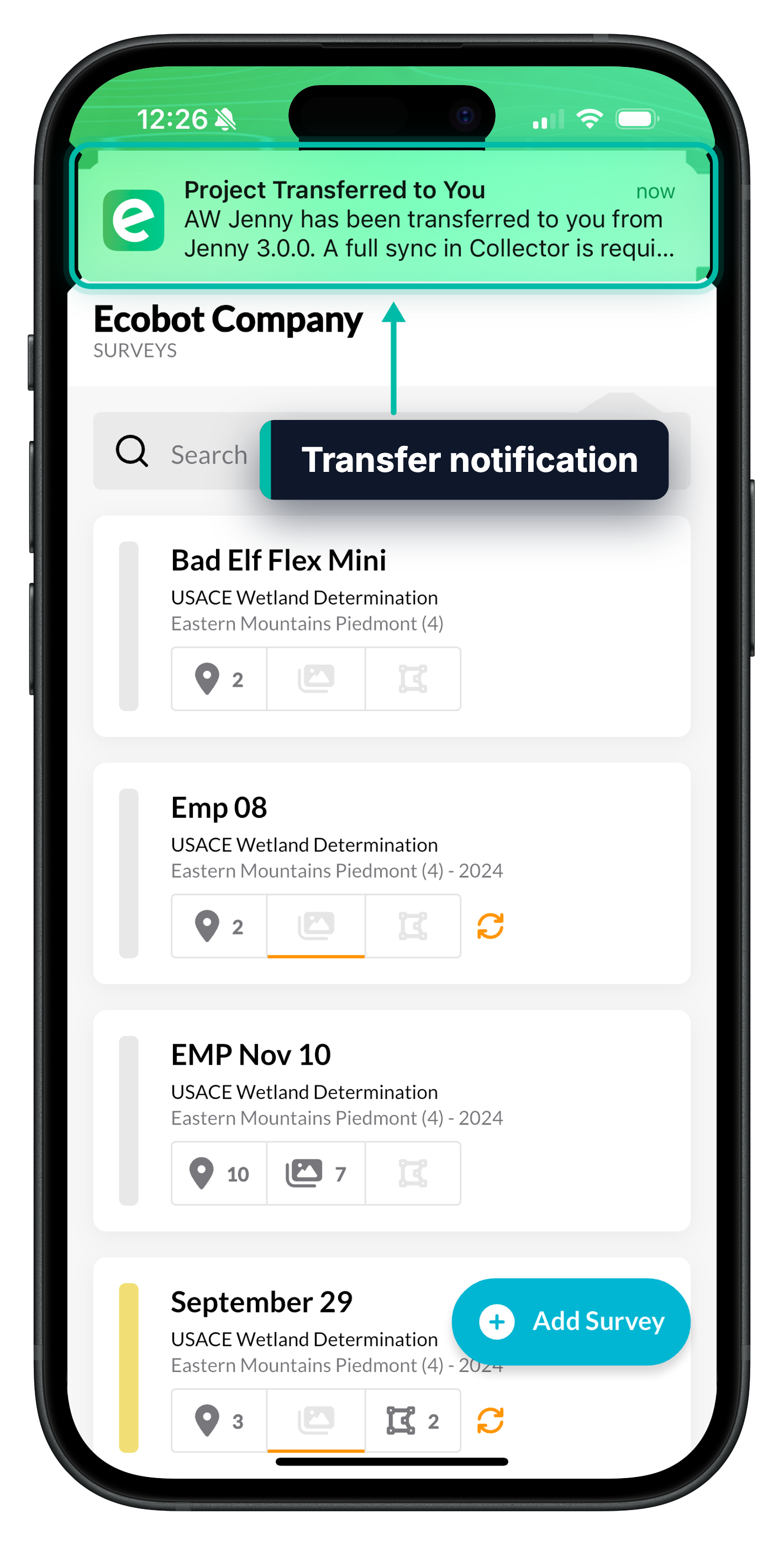 A Project Transferred to You notification at the top of Ecobot Collector, highlighted