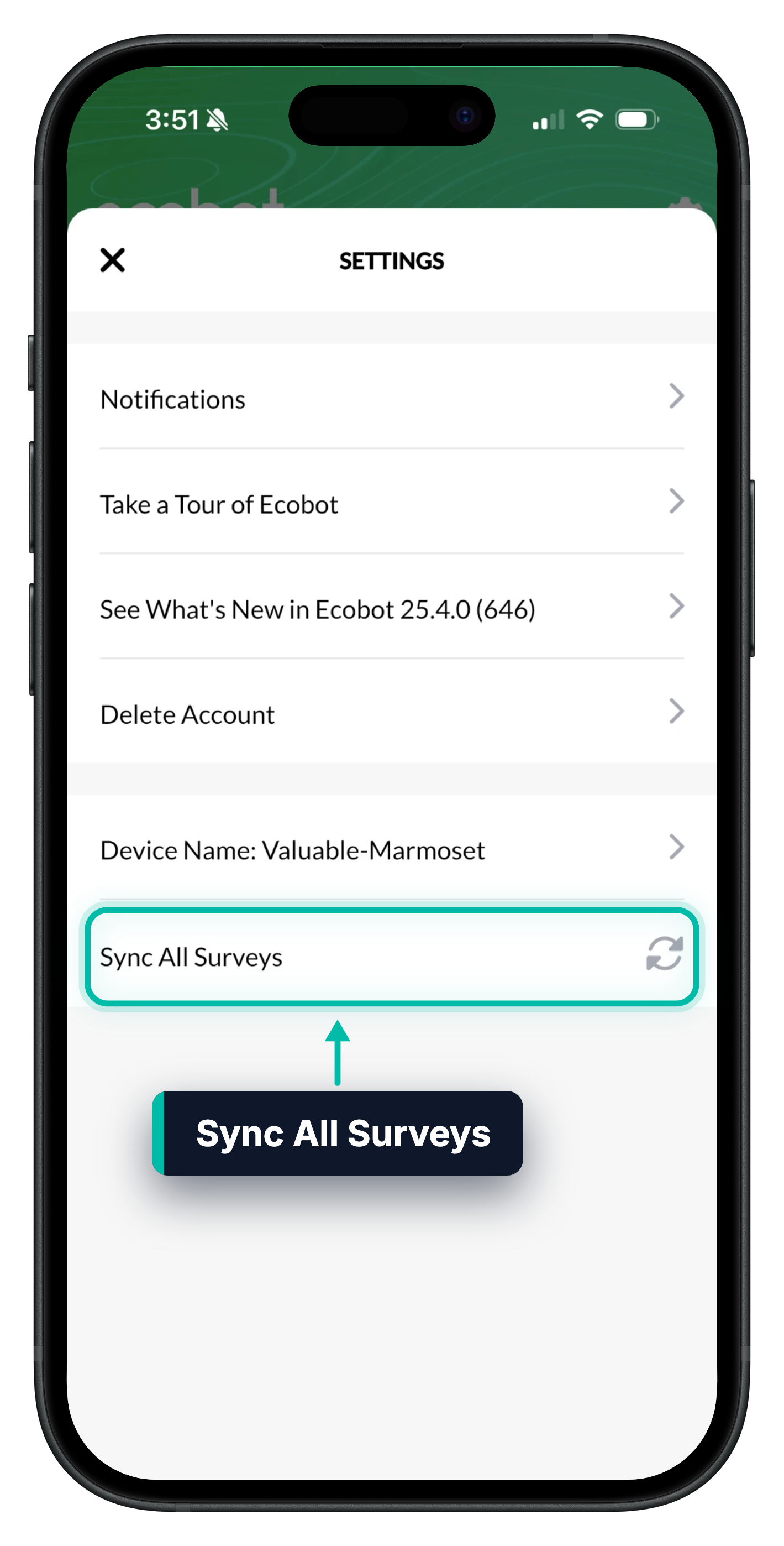 The Settings screen in Ecobot Collector, with Sync All Surveys highlighted