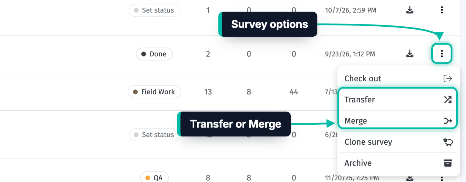 The Surveys page in Ecobot Manager with a survey's options menu open, and Transfer and Merge highlighted