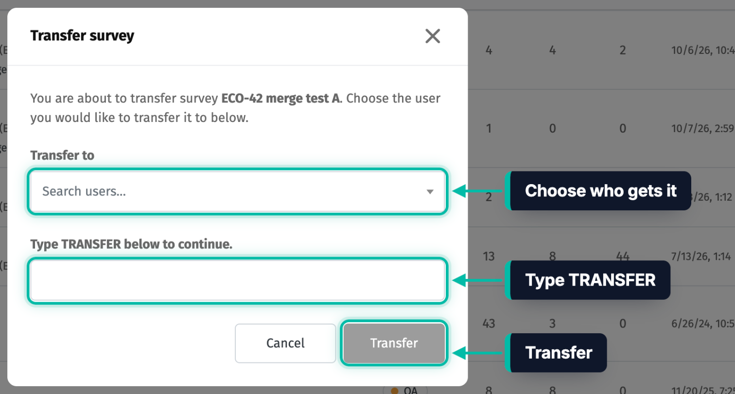 The Transfer survey dialog in Ecobot Manager, with the Transfer to list, the confirmation box and the Transfer button highlighted