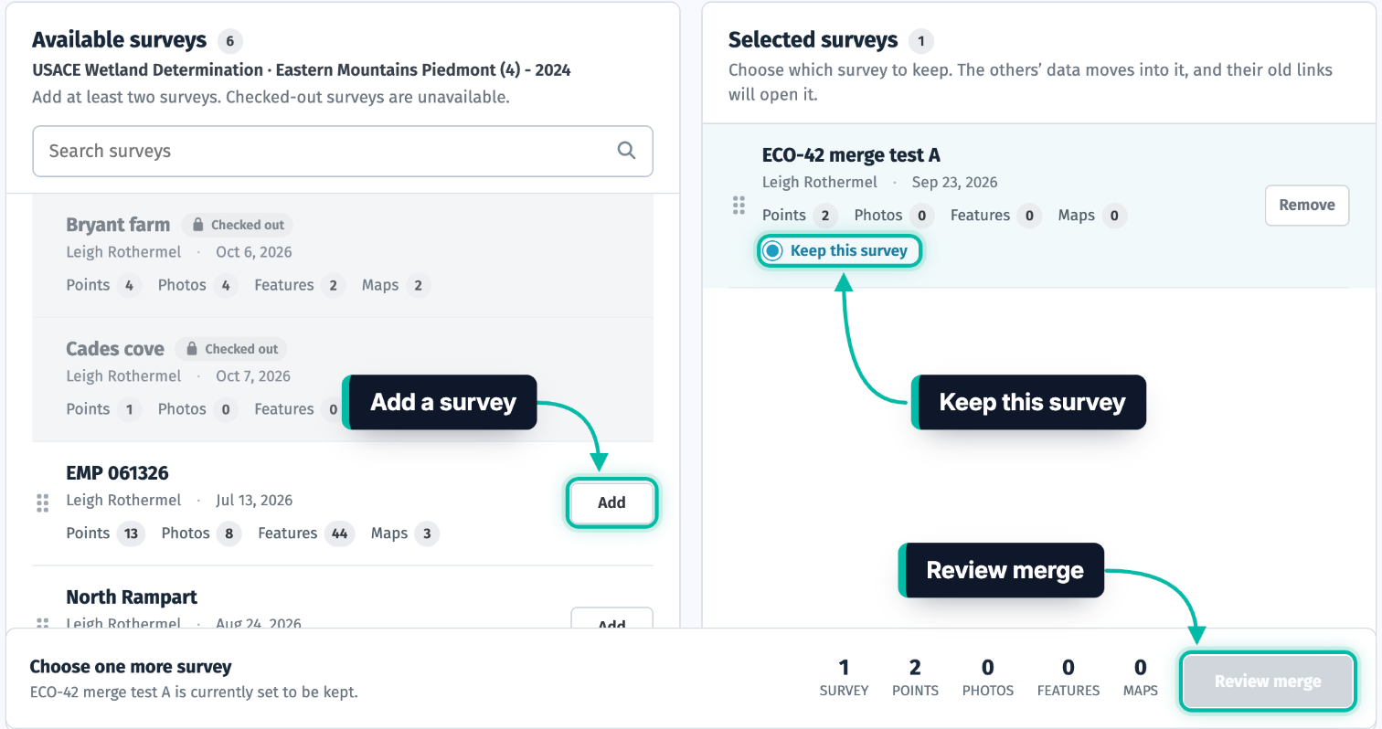The Merge surveys page in Ecobot Manager, with an Add button, the Keep this survey option and the Review merge button highlighted