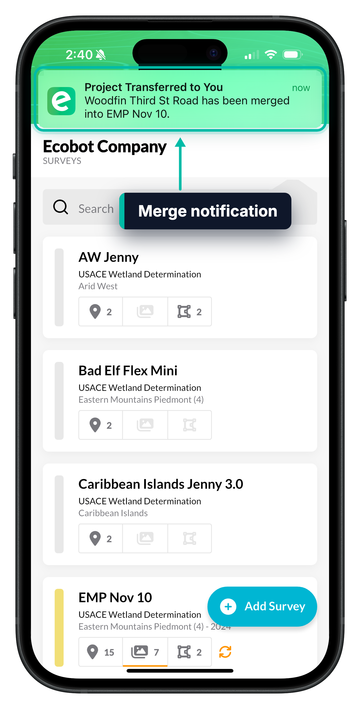 A merge notification at the top of Ecobot Collector, highlighted