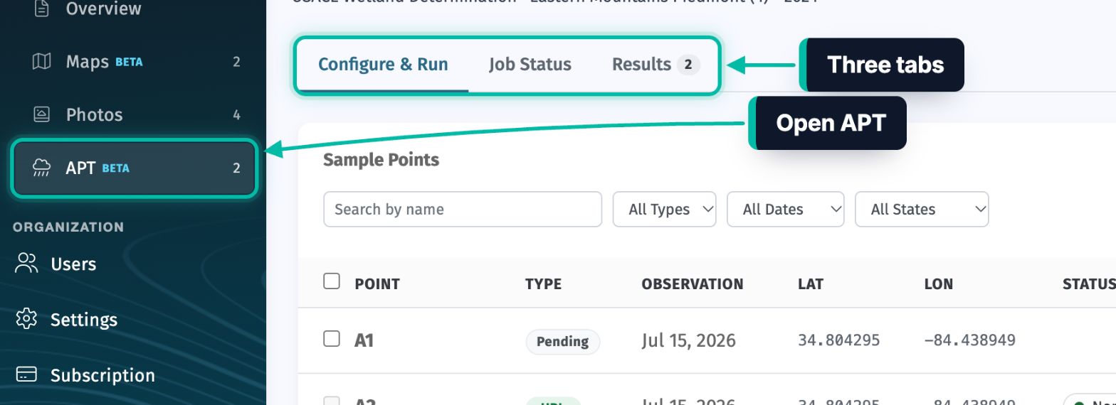 A survey's APT page in Ecobot Manager, with APT in the side menu and the three tabs highlighted