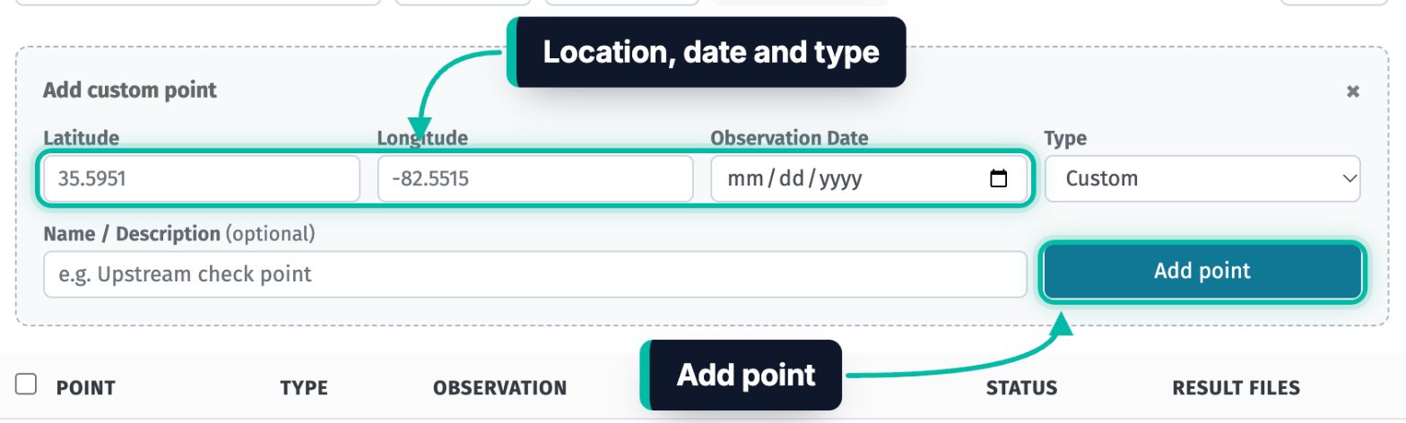 The Add custom point form on the APT page, with the location, date and type fields and the Add point button highlighted