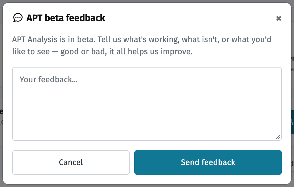 The APT beta feedback dialog in Ecobot Manager