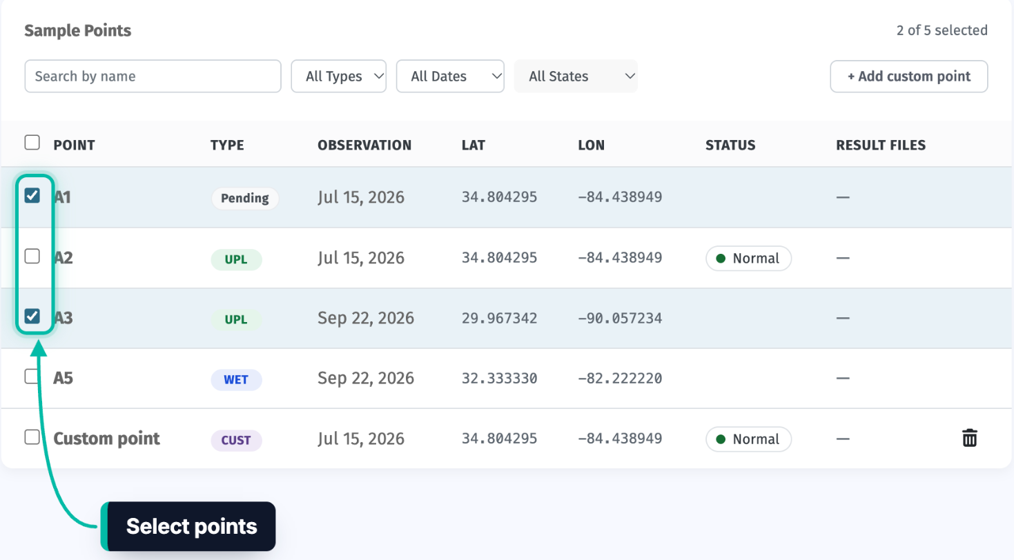 The Sample Points list on the APT Configure & Run tab, with two points selected