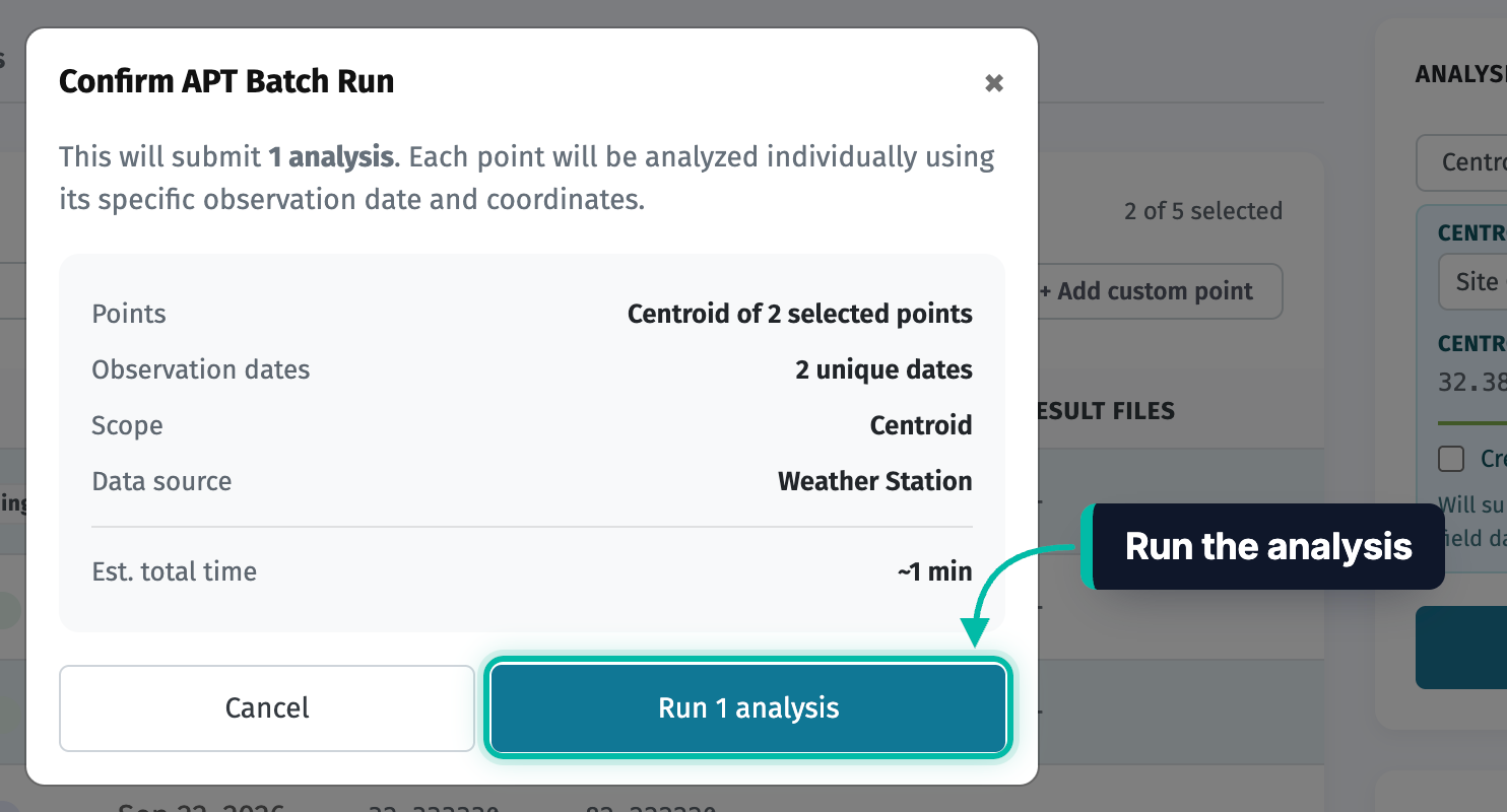 The Confirm APT Batch Run dialog in Ecobot Manager, with the run button highlighted