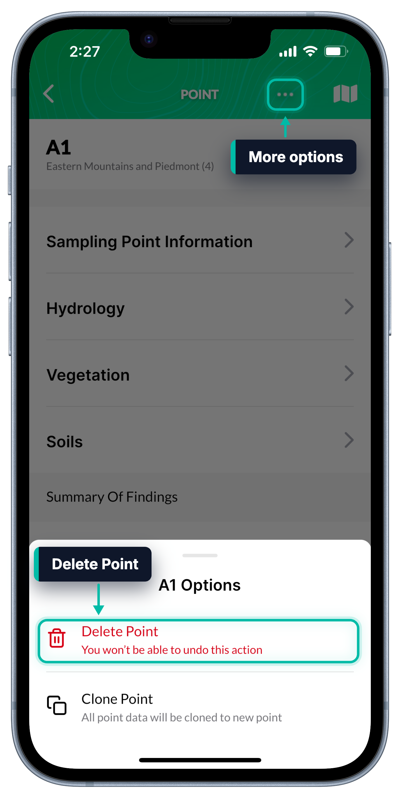 A point in Ecobot Collector, with the More options button and Delete Point highlighted